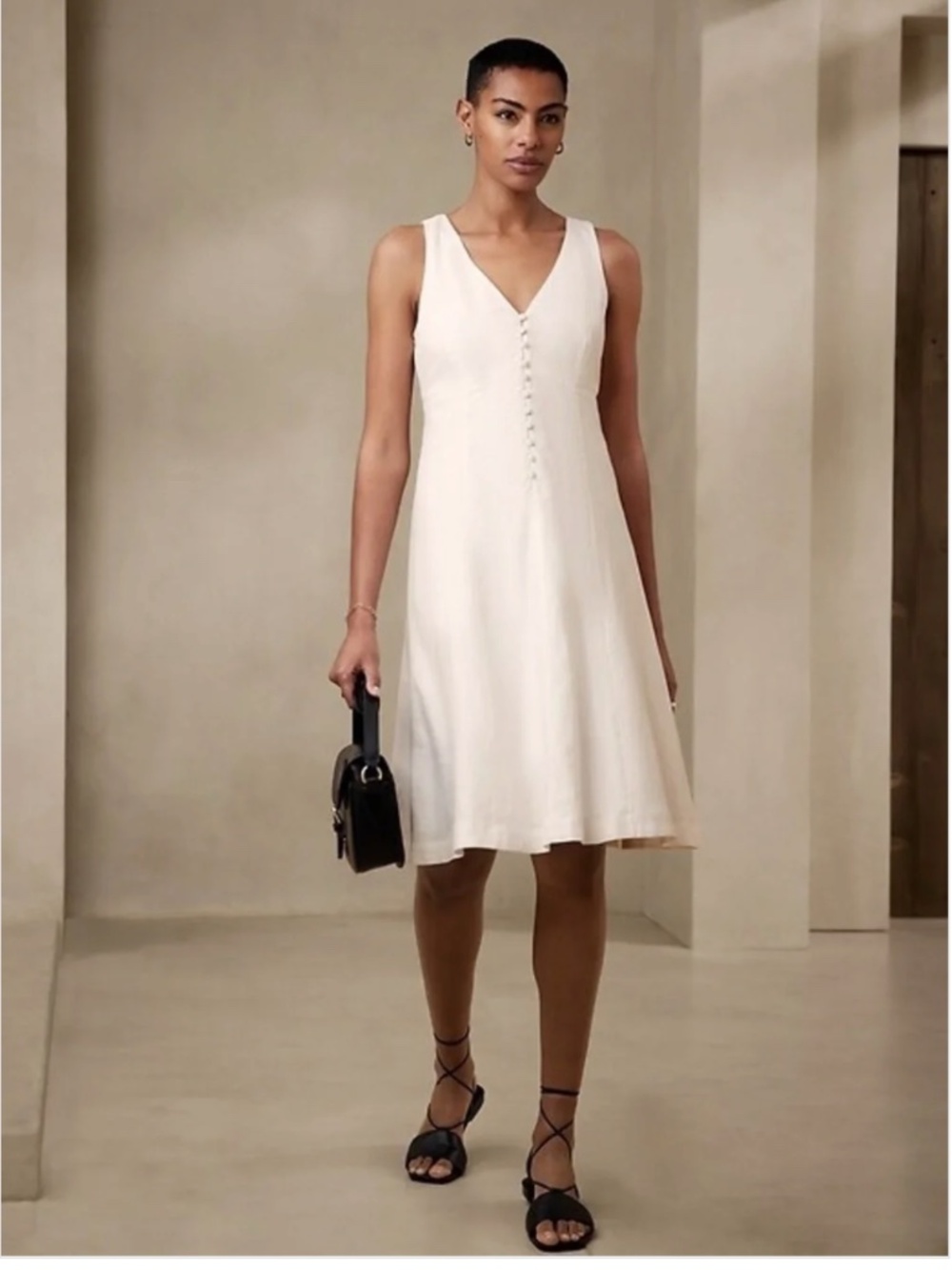 Banana Republic Linen Cream V-Neck Button-Front Midi Dress LIKE NEW